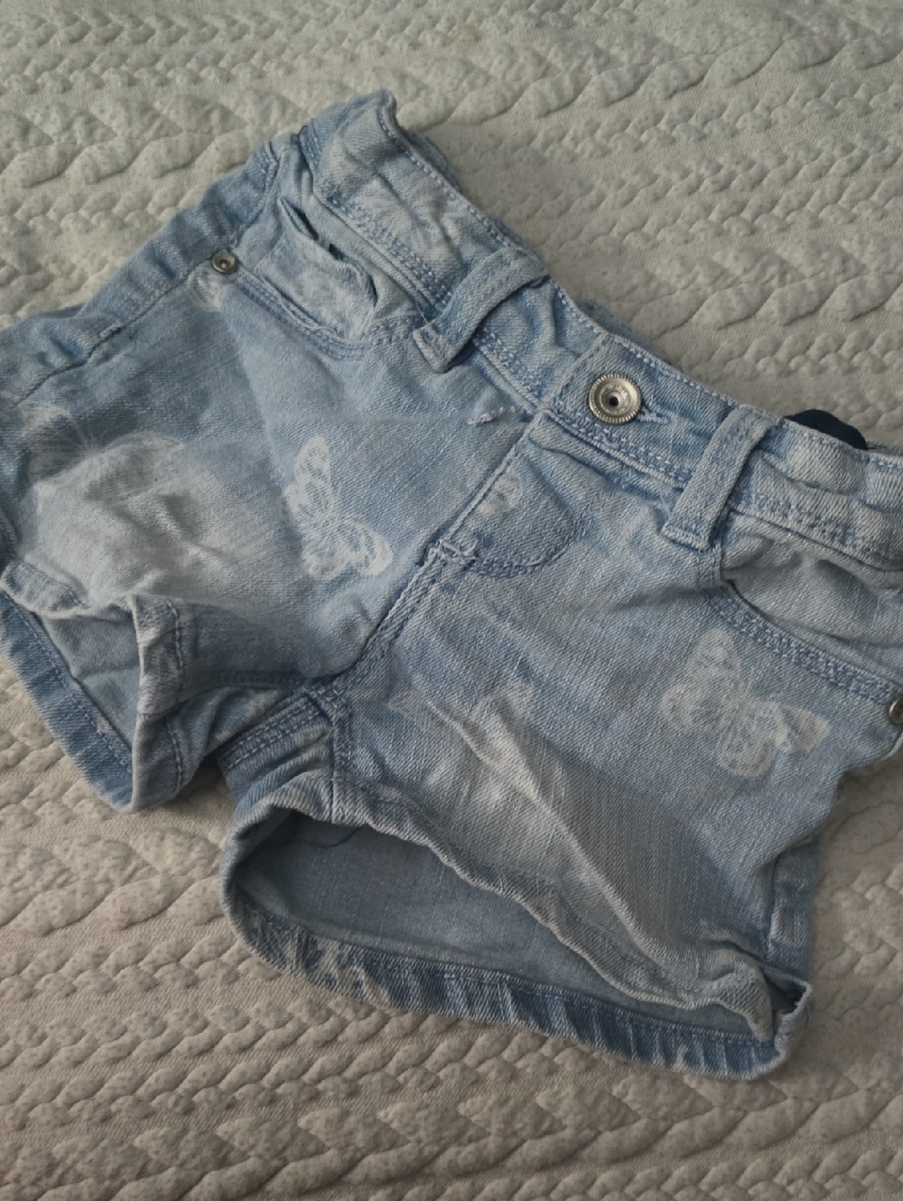 Light Blue Girls' Denim Shorts with Butterfly Print